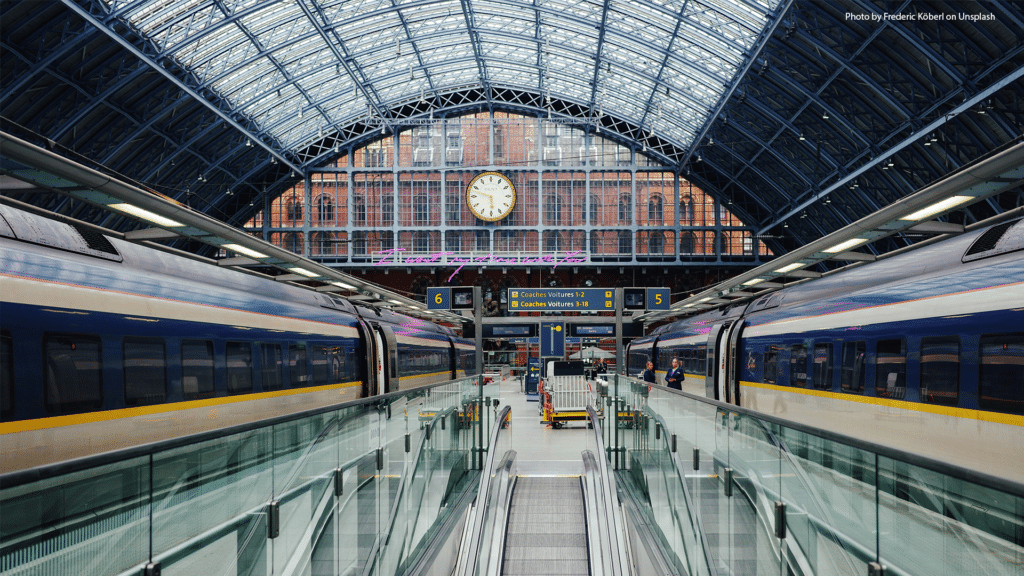 Two Eurostar trains at the platform at London St Pancras station.